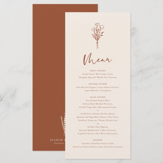 Menu Boho Minimalist Botanicals Terracotta Wedding (Frente/Verso)