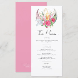 Menu Boho Moon Crystals Penas Flores Rosa Casamento