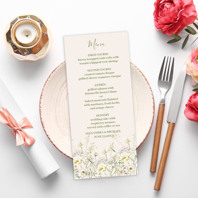 Menu Boho Neutral White Watercolor Casamento de Flores  (Criador carregado)