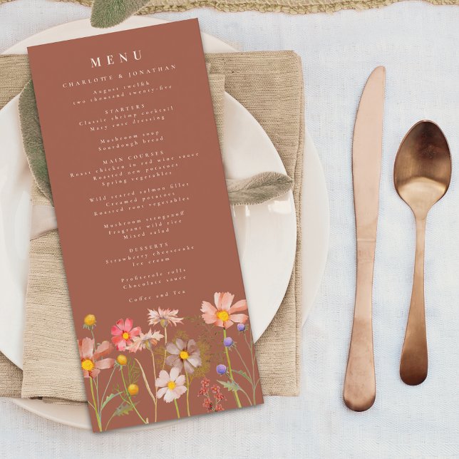 Menu Boho Outono Floral de Flores Silvestres Laranja Qu (Boho fall wildflower floral beige and burnt orange wedding menu card Watercolor meadow flowers)