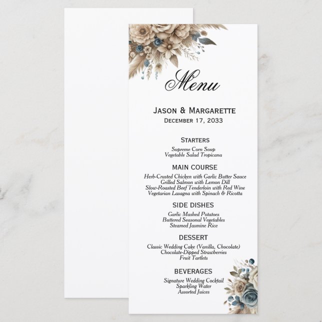 Menu Boho Pampas Grass Dusty Blue Florals Modern  (Frente/Verso)