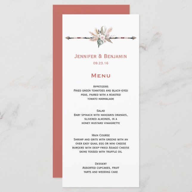 Menu Boho Penas Tropicais Arrow Pampas Grass Casamento (Frente/Verso)