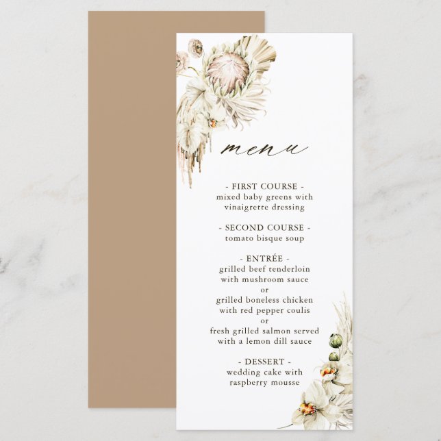Menu Boho Protea Pampas Grass Casamento Floral (Frente/Verso)