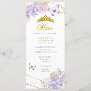 Menu Boho Purple Butterfly Floral Princesa Quinceañera