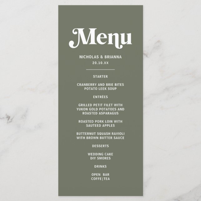 Menu Boho Retro Verde Sage Casamento (Frente)