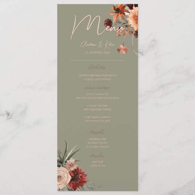 Menu Boho Rust & Neutral Fall Floral Green Casamento (Frente)