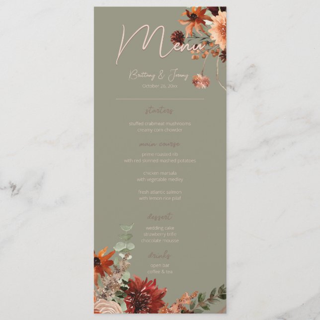 Menu Boho Rust & Neutral Fall Floral Sage Green Script (Frente)
