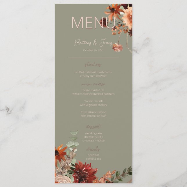 Menu Boho Rust & Neutral Fall Floral Sage Impressão Ver (Frente)