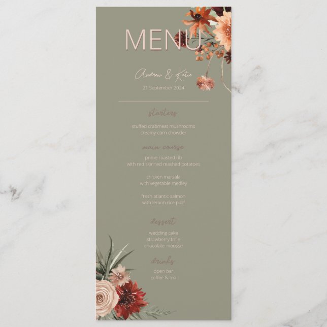 Menu Boho Rust & Neutral Queda Floral Green Casamento I (Frente)