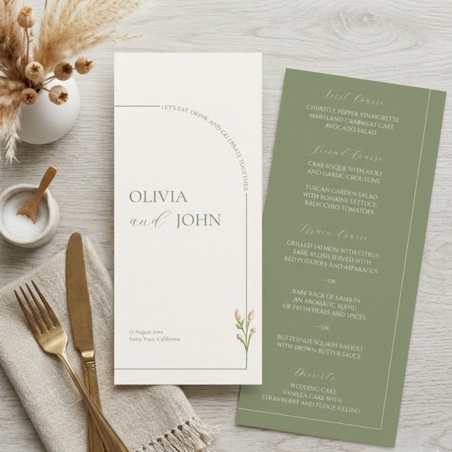 Menu Boho Sage Green & Linen Arches Minimalist Wedding (Criador carregado)