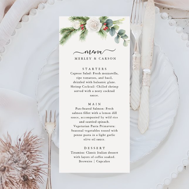 Menu Boho Script Winter Greenery Evergreen Wedding (Criador carregado)