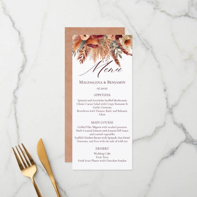 Menu Boho Terracota Florais de Outono Grama Pampas Seca (Frente/Verso In Situ)