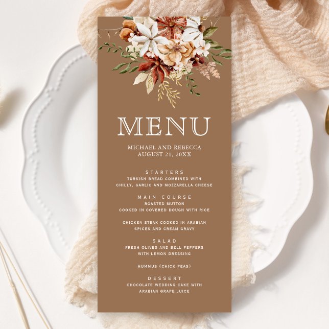 Menu Boho Terracotta Floral Wildflower Beige Weding (Criador carregado)