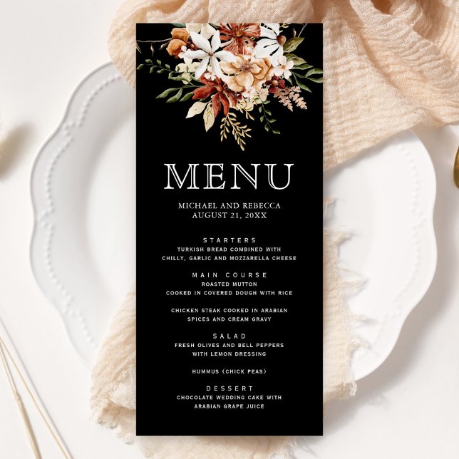Menu Boho Terracotta Floral Wildflower Black Casamento (Criador carregado)