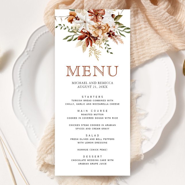 Menu Boho Terracotta Floral Wildflower White Weding (Criador carregado)
