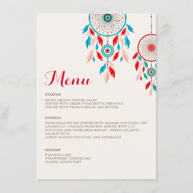 Menu Boho Tribal Feather Dreamcatcher Weding (Frente)