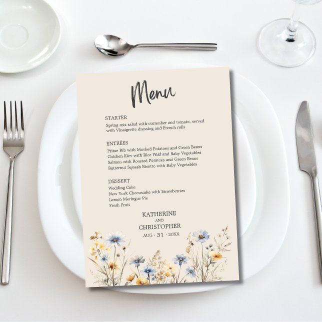 Menu BOHO Watercolor Wildflower Beige Wedding (BOHO Wildflowers Beige Wedding Menu with blue and yellow watercolor flowers, menu options.)