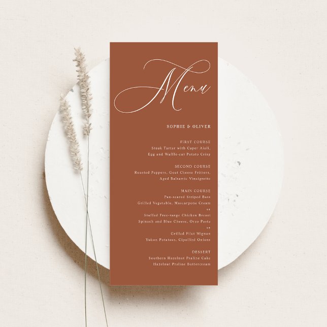 Menu Boho Whimsical Calliografia Terracotta Wedding (Customizable wedding menu card featuring whimsical calligraphy and terracotta background.)