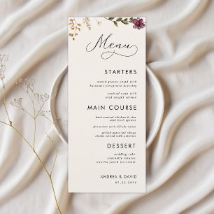 Menu Boho Wildflower Ivory Cream Casamento Três Curso