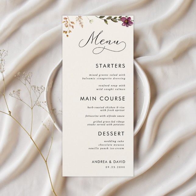 Menu Boho Wildflower Ivory Cream Casamento Três Curso (Criador carregado)