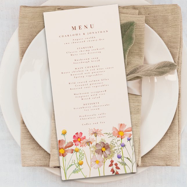 Menu Boho Wildflower Meadow Wedding (Elegant boho Wildflower meadow Wedding menu card watercolor florals )