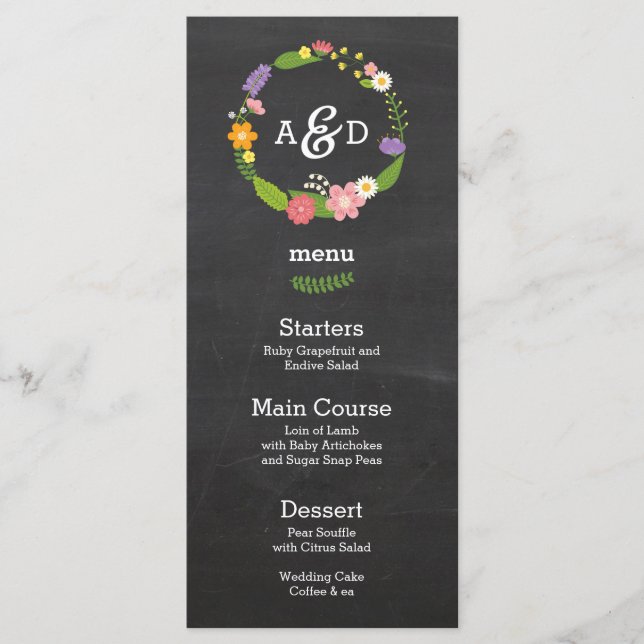 Menu Boho Woodland Wreath no Casamento Chalkboard (Frente)