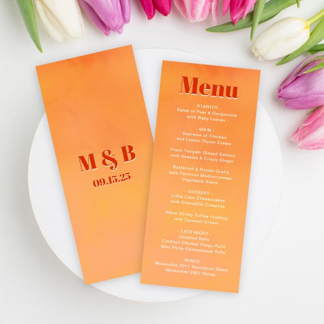 Menu Bold Fun Modern Orange Sunset Monogram Wedding (Criador carregado)