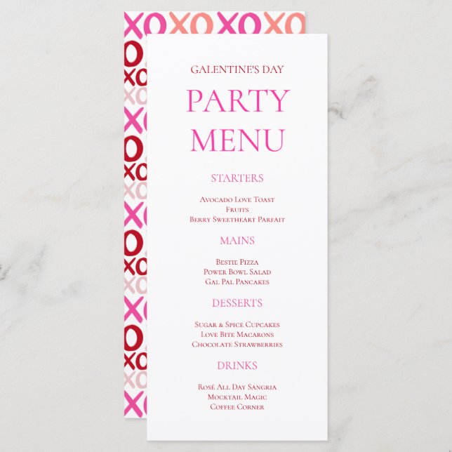 Menu Bold Pink XOXO Girls Night Galentine's Day Party (Frente/Verso)