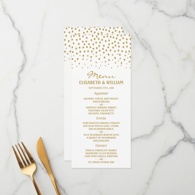 Menu Bolinhas Dourada - Branco e Dourado - Casamento (Frente/Verso In Situ)