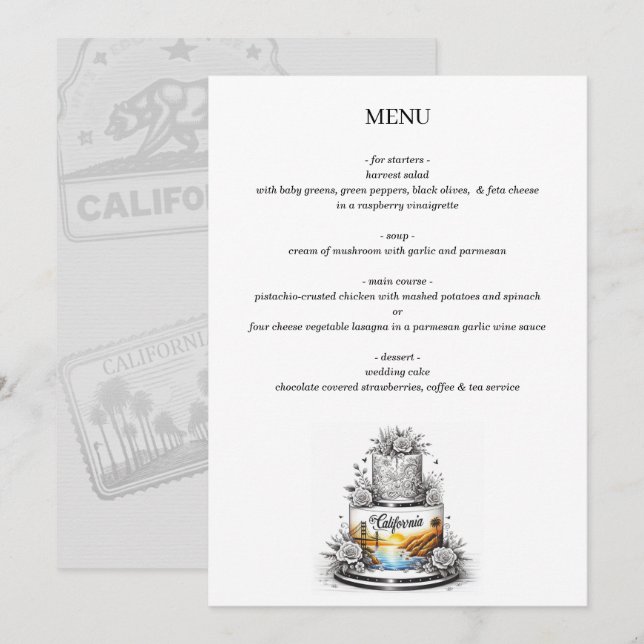 Menu Bolo de Casamento da Califórnia (Frente/Verso)