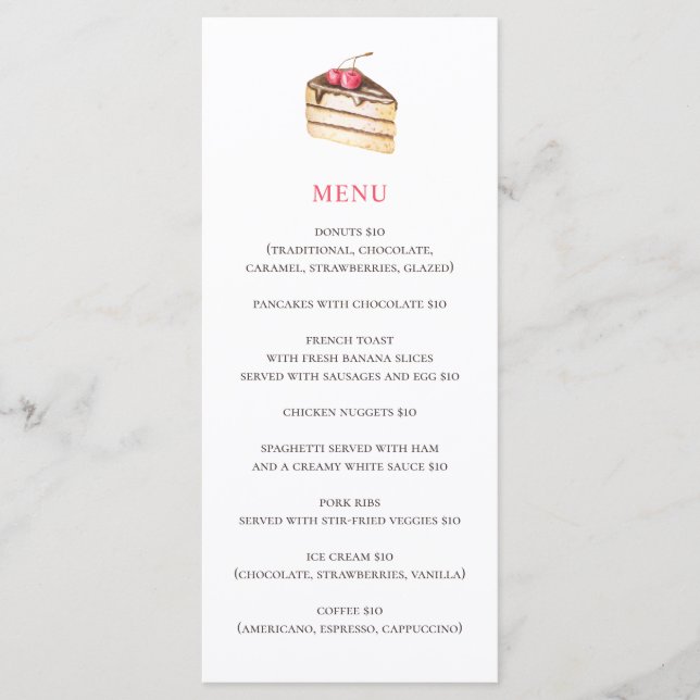 Menu Bolo ou torta de aquarela. Sobremesa simples de pa (Frente)