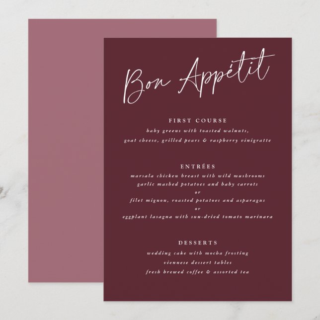 Menu Bom Apetite Merlot Borgonha Caligrafia Casamento (Frente/Verso)