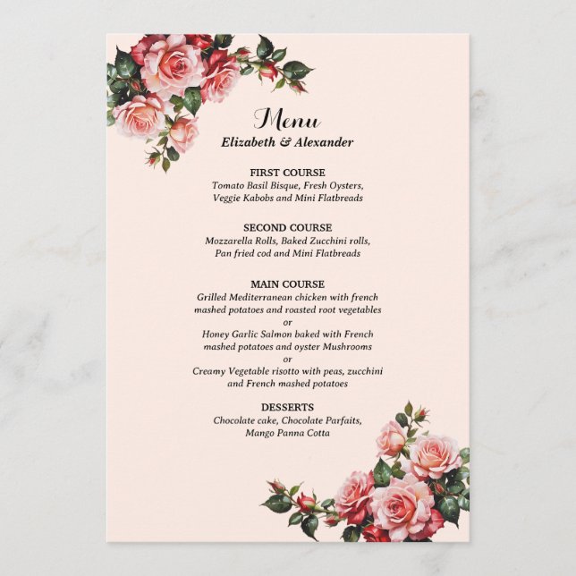 Menu Bonito casamento rosa e rosa vermelha (Frente)