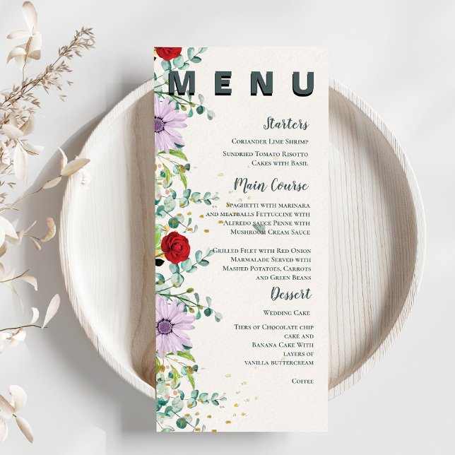 Menu Bonito Flores Selvagens Festa de casamento Floral  (Pretty Wildflowers Watercolor Floral Wedding Party Menu)