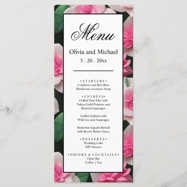 Menu Bonito padrão floral cor-de-rosa boho verde (Frente)