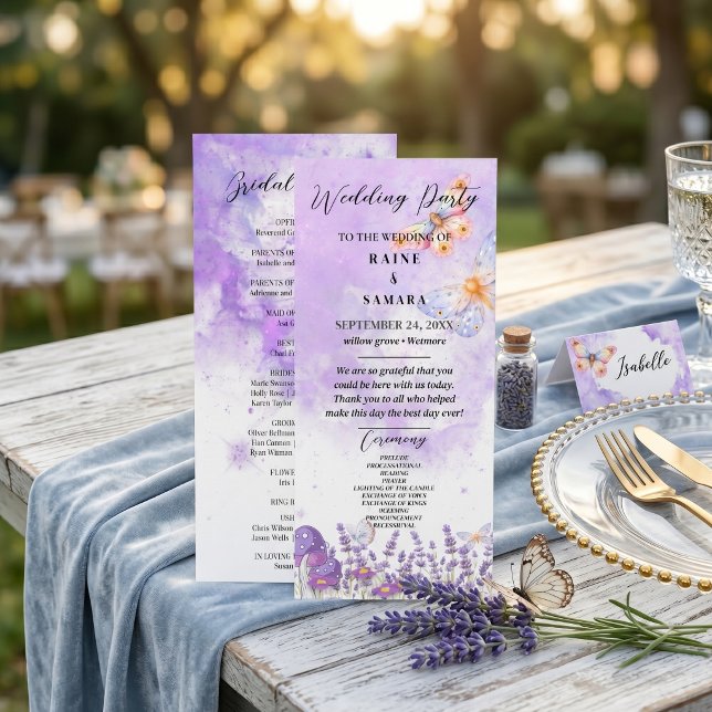 Menu Borboleta Azul Aquarela Roxo Lavanda Rústico  (Elegant Blue Butterfly Rustic Watercolor Wedding Menu)