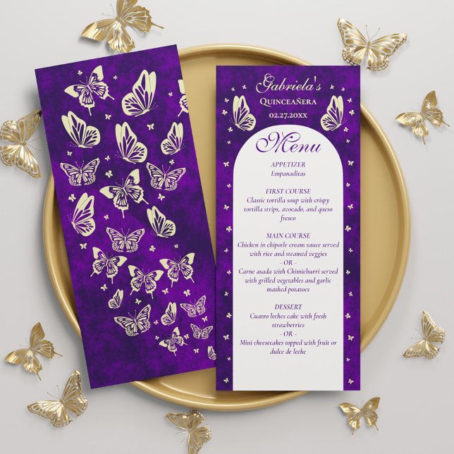 Menu Borboletas Douradas roxas Quinceañera 15 Birthday (Purple Gold Butterflies Quinceañera 15th Birthday Menu)