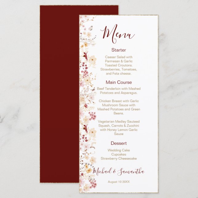 Menu Bordô e Bege Flores Silvestres Casamento (Frente/Verso)