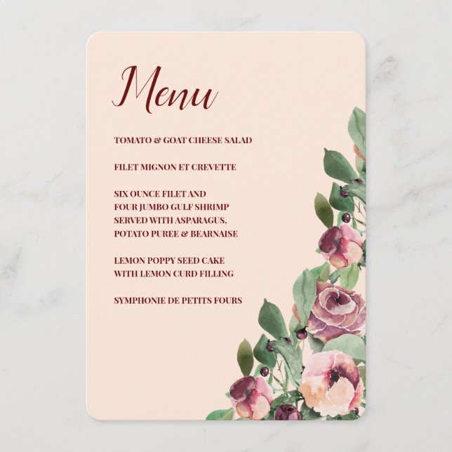 Menu Borgonha e Peach Floral Watercolor (Frente)