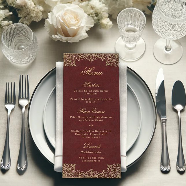 Menu Borgonha Elegante Script Vintage Casamento Dourado (Criador carregado)