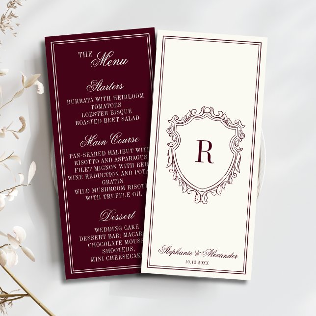Menu Borgonha Marfim Brasão Monograma Casamento Old Mon (Criador carregado)