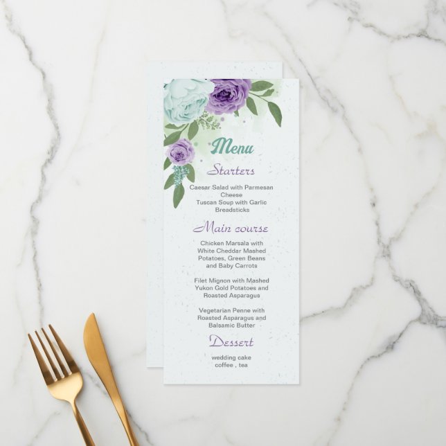 menu botânico azul roxo flores verdes (Frente/Verso In Situ)