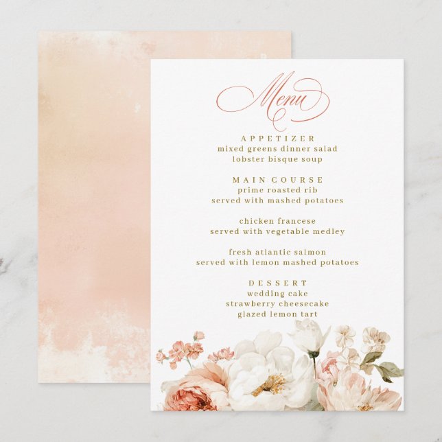 Menu Botânico Chic Elegante Floral Casamento Vitoriano (Frente/Verso)