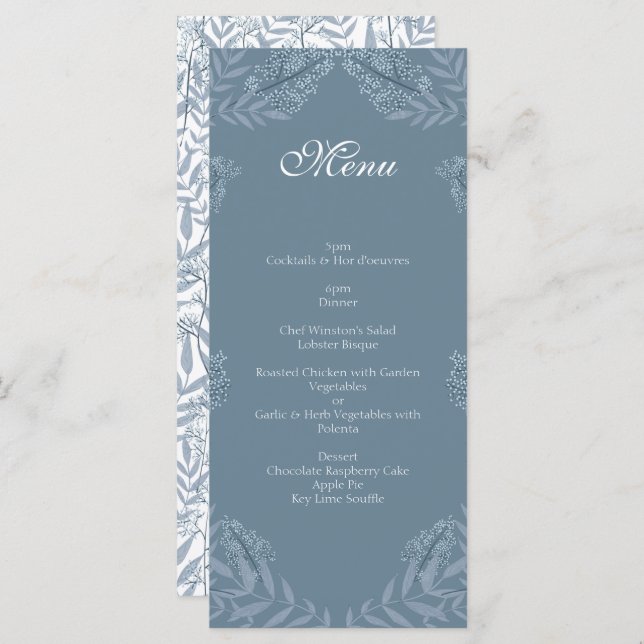 Menu Botânico da Vintage de Casamento Azul Dusty (Frente/Verso)