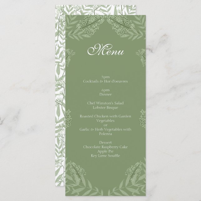 Menu Botânico da Vintage do Casamento Verde Oleíco (Frente/Verso)