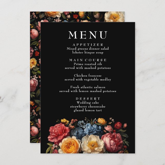 Menu Botânico Floral Moody Casamento vintage (Frente/Verso)