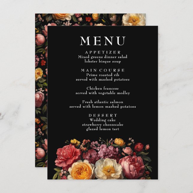 Menu Botânico Floral Moody Casamento vintage (Frente/Verso)