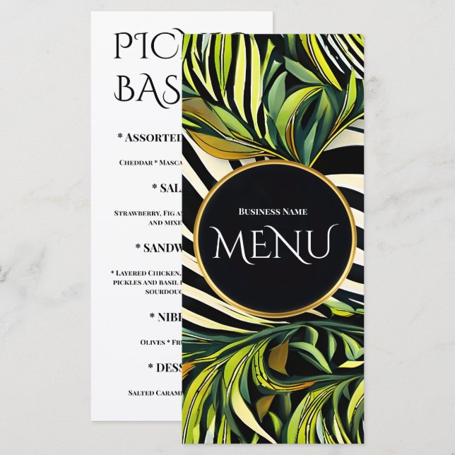 Menu Botânico Verde Tropical Moderno Design Elegan (Frente/Verso)