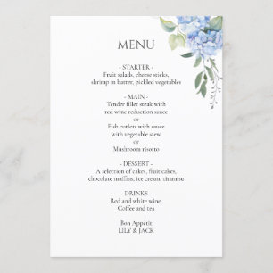 Menu Branca Casamento de Hydrangea Blue Beige Elegant
