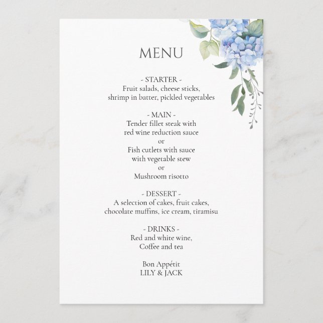 Menu Branca | Casamento de Hydrangea Blue Beige Elegant (Frente)